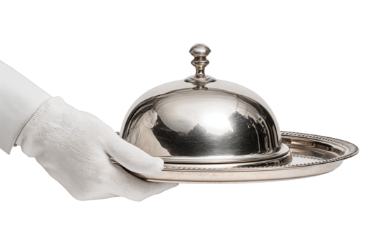 Elegant serving dome in polished silver with milled tray edge, gloved hand presenting with steam hint, isolated on transparent background.