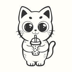 Cartoon kitten happily enjoys its bubble tea with cute, round eyes and a friendly smile