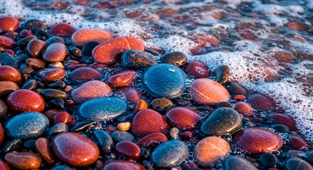 Vibrant pebbles on the shoreline with water.