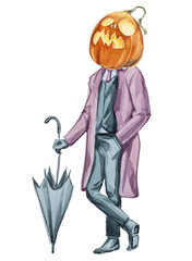 Man with pumpkin head creative illustration isolated on white.
