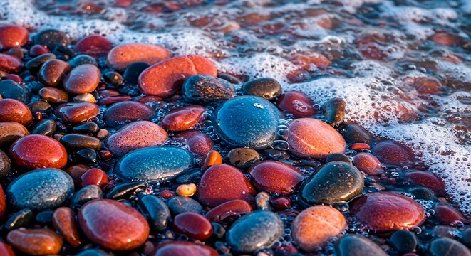 Vibrant pebbles on the shoreline with water.