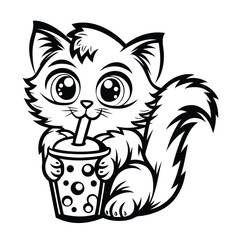 Cartoon kitten holds a beverage with a straw, featuring an adorable minimal line drawing
