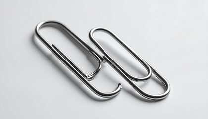 "Two shiny metallic paperclips arranged parallel on a smooth light surface, showcasing simplicity and everyday utility."