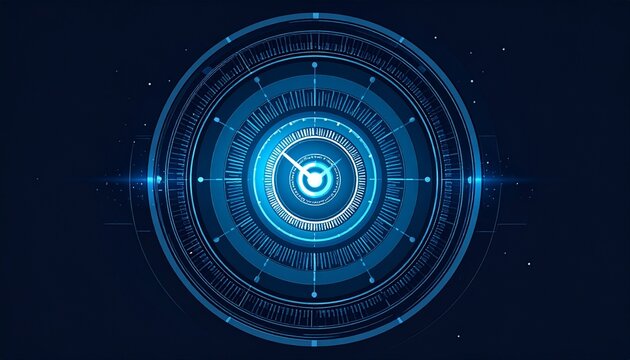 "Futuristic digital interface with concentric circles, glowing blue elements, and targeting system design on a dark background."