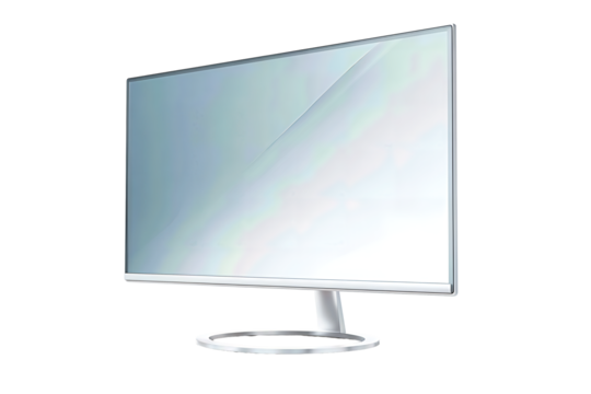 Slim 27-inch monitor with ultra-thin bezels, cool-gray aluminum stand and oval base, angled slightly left, faint gradient on screen, isolated on transparent background.

