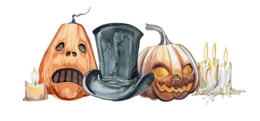 Jack o lantern and pumpkins with hat and candles. © Victoria