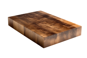 Walnut wood board with smooth chamfers and satin finish, natural end grain detail visible, isolated on transparent background.
