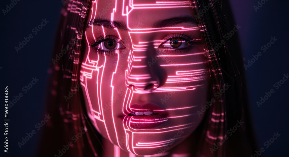 Poster cybernetic gaze: a portrait captures a woman's face illuminated with neon circuit patterns, blending