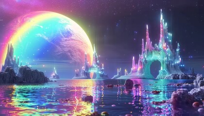 Fototapeta premium Surreal dreamscape showcasing vibrant rainbow colored mountains beneath a mystical sky