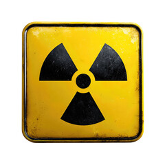 Obraz premium Warning radiation sign featuring high-contrast black trefoil on bright yellow field, subtle scuff marks, straight-on view, isolated on transparent background. 