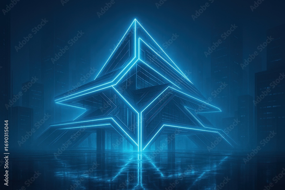 Poster luminous architectural abstract: a captivating digital rendering of a futuristic, geometric structur