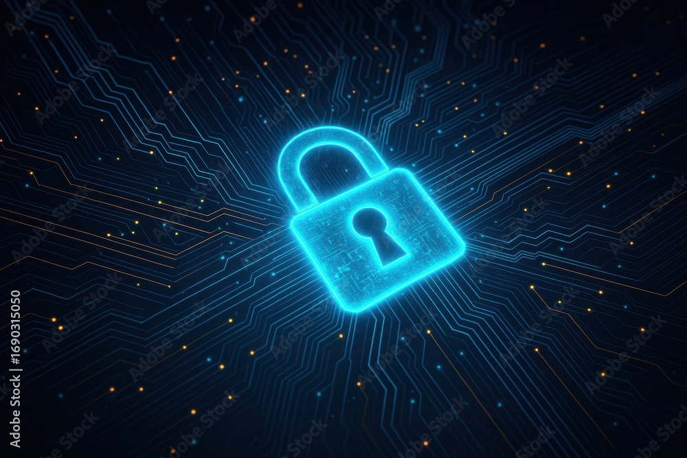 Poster digital security: a luminescent padlock glows, symbolizing data protection and cyber safety, with a 