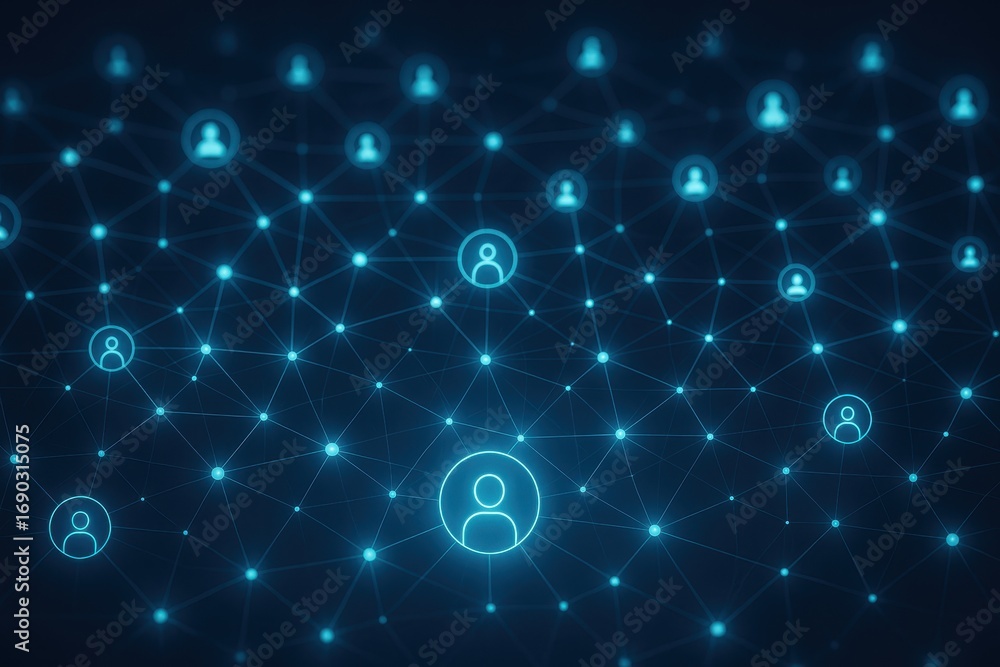 Aufkleber digital network connection: an interconnected network of luminous nodes and lines glows with the pro