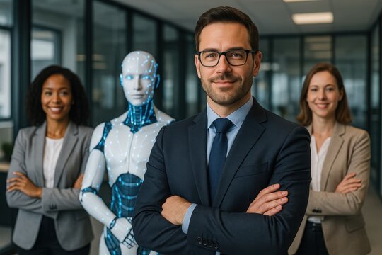 Innovation and Collaboration: In a modern office, a diverse team of business professionals and a sleek robot stand shoulder to shoulder, representing the cutting edge of industry collaboration.