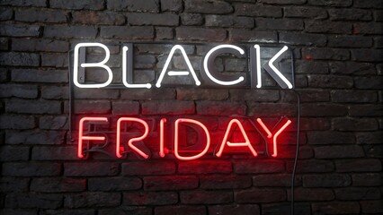Fototapeta premium Black friday neon sign against a brick wall, creating a modern and eyecatching advertisement for the shopping event