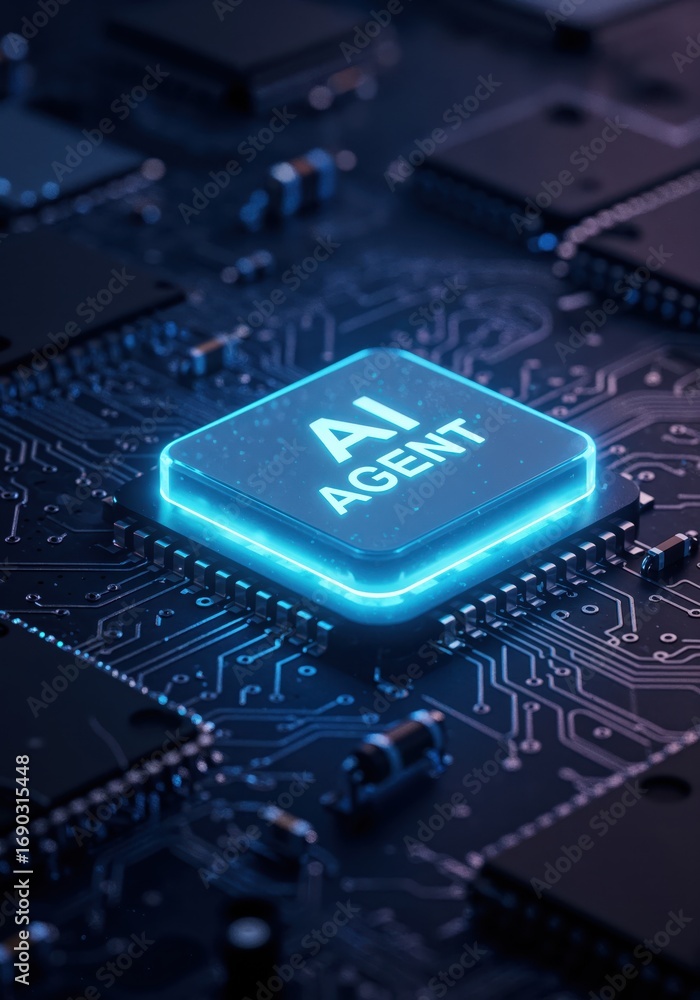 Poster ai agent on a microchip: a high-angle view showcases a futuristic concept, the luminous ai agent glo