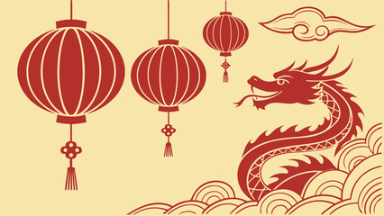 Lunar New Year Celebration: A festive illustration of the Lunar New Year, featuring a stylized red dragon, hanging lanterns, and a traditional cloud design on a yellow background.