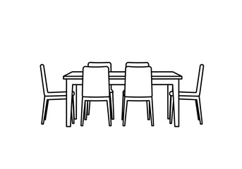 Dining table and chairs drawing. A line art sketch of a dining table with chairs, set designed for meals and gatherings, commonly found in dining rooms or kitchens. Vector sketch line art draw.