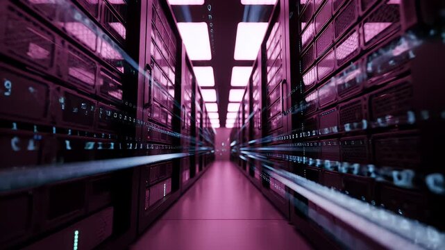 Data Center Server Room with Purple Hue and Blue Data Streams