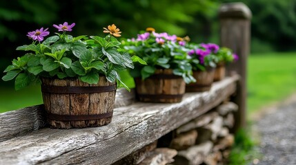 Rustic Wooden Planters Adorned with Vibrant Flowers on a Stone Fence in Lush Garden