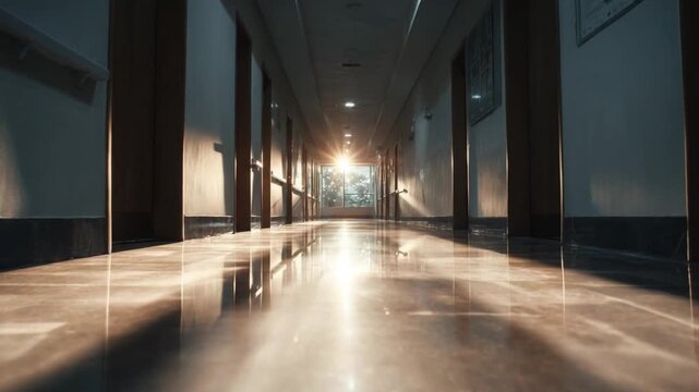 Hospital Corridor: A cinematic perspective down a long, sunlit hospital corridor, highlighting architectural elements and the interplay of light and shadow. 