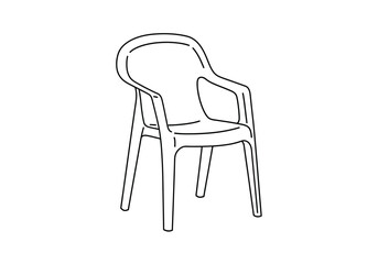 Plastic chair drawing. A line art sketch of a plastic chair, a common and durable piece of furniture indoor and outdoor seating due to its lightweight. Vector sketch line art draw.