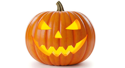 Carved Halloween Jack-O&rsquo;-Lantern Pumpkin with Glowing Face &mdash; Festive Autumn Holiday Decoration on White