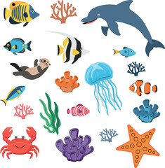 Colorful Sea Life Illustration Featuring Dolphins, Fish, Jellyfish, and Coral Reefs for Educational and Decorative Purposes