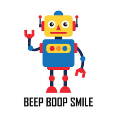 "Beep Boop Smile" Cute retro robot character Illustration for T-shirt design
