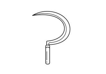 Sickle drawing. It is a line art sketch of a sickle, a curved agricultural hand tool with a sharp blade used for harvesting crops or cutting grass. Vector sketch line art draw.