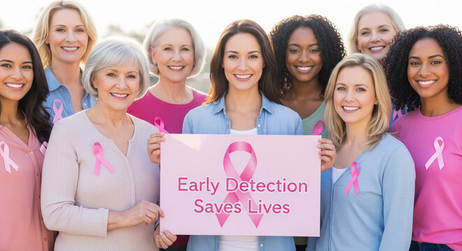 group of women holding an early detection saves lives sign, supporting breast cancer awareness