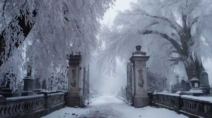 Snow-covered entrance of an ornate cemetery with frosted trees and misty ambiance