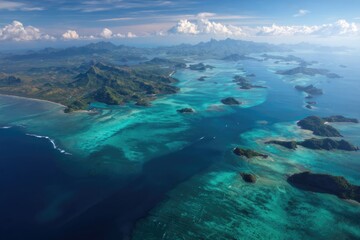 Fototapeta premium sweeping aerial view of tropical islands surrounded by turquoise sea, bright clear skies, vibrant atmosphere.
