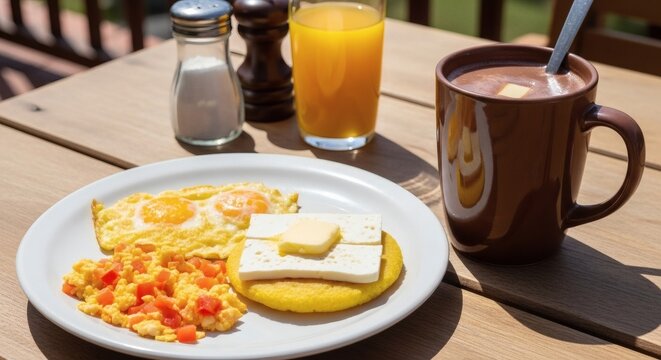 Authentic Arepa Breakfast with Huevos Pericos on a Sunny Patio