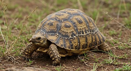 Obraz premium Wild Leopard Tortoise Crawling in the Grass.