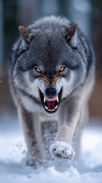 A wolf running through the snow with its mouth open
