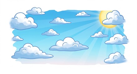 Fototapeta premium 晴れやか空 水彩画風 ふわふわ雲と太陽光線. AI Generated