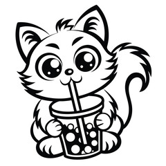 Cute black and white cartoon fox enjoys a refreshing boba drink using straw