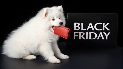 Cute samoyed puppy with red wallet and black friday sign isolated on white background, promoting shopping deals with adorable charm