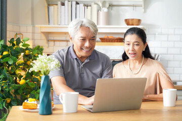 Asia happy senior elderly couple hugging and embrace at living room. Senior man working hubbies on laptop at home after retirement.