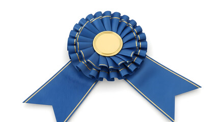 Classic Blue Award Ribbon Rosette with Gold Center — First Place Prize Ribbon on White Background
