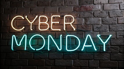 Obraz premium Cyber monday neon sign glowing on a brick wall, representing online shopping and digital sales