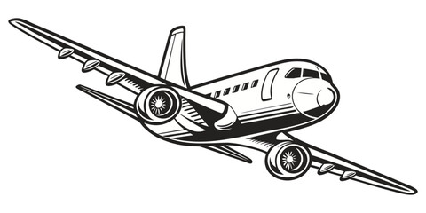 A high-contrast black and white stencil-style image of a commercial airplane in mid-flight, shown from a front-left angle. The airplane has a rounded nose and twin engines visible under the wings. The
