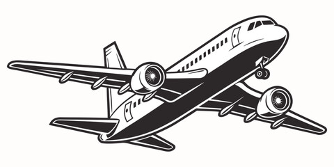 A high-contrast black and white stencil-style image of a commercial airplane in mid-flight, shown from a front-left angle. The airplane has a rounded nose and twin engines visible under the wings. The