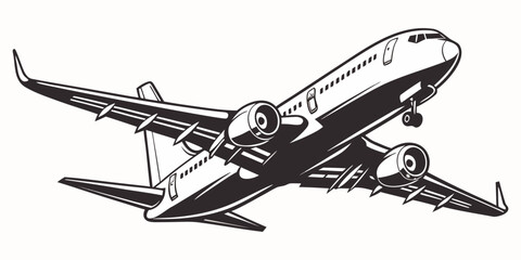 A high-contrast black and white stencil-style image of a commercial airplane in mid-flight, shown from a front-left angle. The airplane has a rounded nose and twin engines visible under the wings. The © RAHIM