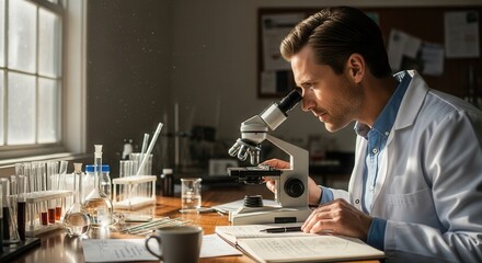 Focused scientist examining samples under a microscope in a research laboratory carefully
