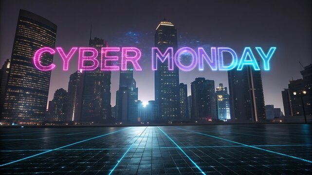 Cyber monday neon text glowing over a futuristic cityscape skyline at night with digital grid - Powered by Adobe