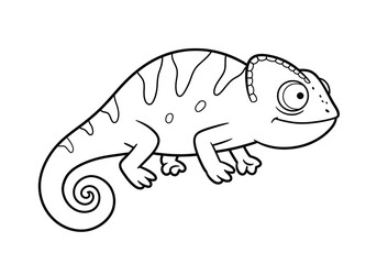 Chameleon cartoon drawing. It is a line art sketch of a cute cartoon chameleon, a lizard known for its large eyes and prehensile tail. Vector sketch line art draw.