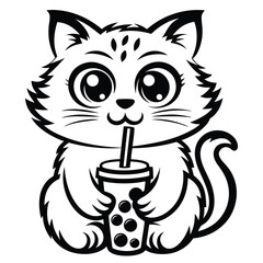 Cute cartoon cat happily enjoys a boba tea drink, outlined in black and white