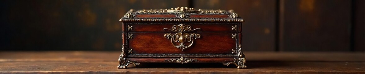 Elegant antique chest jewelry box, intricately carved with floral details, perfect for storing precious keepsakes  Rich mahogany wood, ornate brass hardware, vintage charm ,  carving,  floral